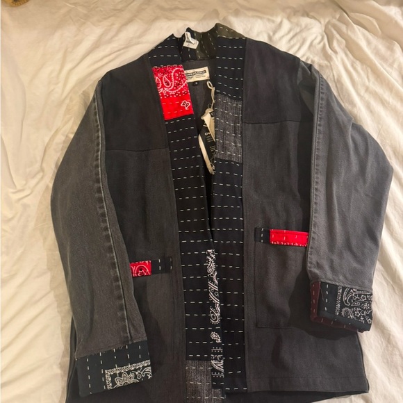 Overlord Black and Red Patchwork Jacket kimono style upcycling jean jacket - Picture 1 of 5